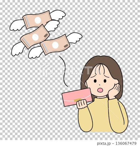 一位缺錢的女士 | 鈔票從她錢包裡飛出的插圖 一位缺錢的女士 | 鈔票從她錢包裡飛出的插圖 136067479
