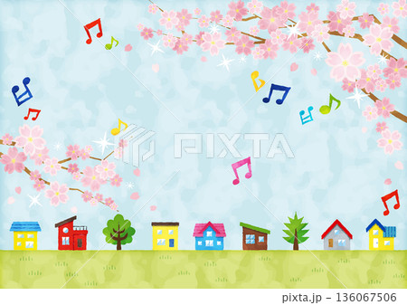 音符が舞う桜と家並みの春風景イラスト｜水彩風・横長・コピースペースあり 136067506