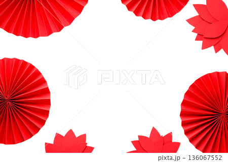 Red paper fan decorations feature flowers and circles, isolated, PNG 136067552