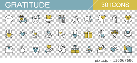 Gratitude icon set: heart marks, gifts, charity, and more. Color 136067696