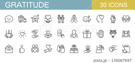 感謝に関するアイコンセット　ハートマークや贈り物・チャリティーなど　 136067697