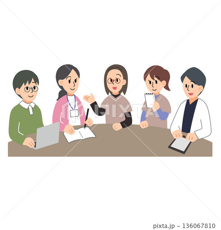 訪問看護師が他業種の人間を交えてミーティングをしているところのイラスト 136067810