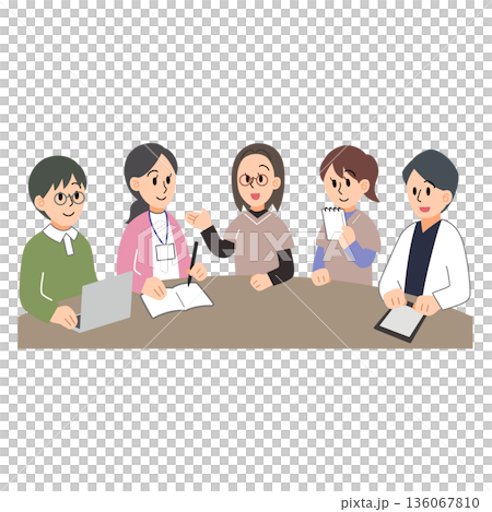 訪問看護師が他業種の人間を交えてミーティングをしているところのイラスト 136067810
