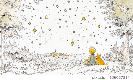 星空を見上げる犬と少年 136067814