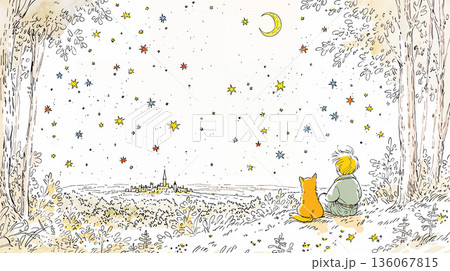 星空を見上げる犬と少年 136067815