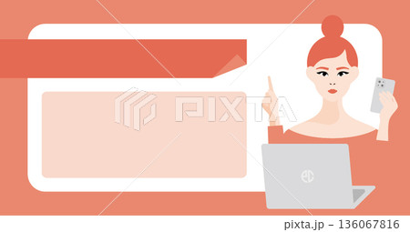 パソコンとスマートフォンを使う女性のイラスト素材(バナー用) パソコンとスマートフォンを使う女性のイラスト素材(バナー用) 136067816