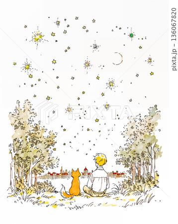 星空を見上げる犬と少年 136067820