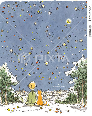 星空を見上げる犬と少年 136067821