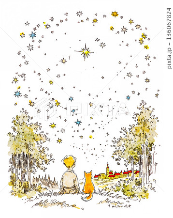 星空を見上げる犬と少年 136067824