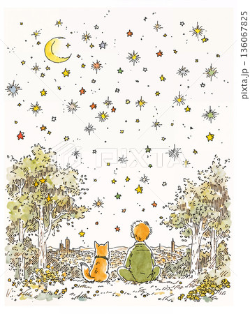 星空を見上げる犬と少年 136067825