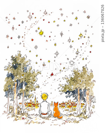 星空を見上げる犬と少年 136067826