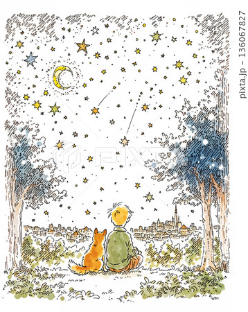 星空を見上げる犬と少年 136067827