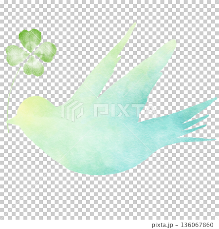幸せの青い鳥 クローバー　水彩タッチのイラスト 希望と幸運の象徴｜鳥,青い鳥,クローバー,水彩 136067860