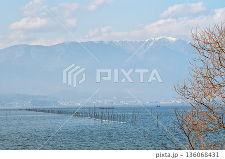 黄砂で霞む琵琶湖のえり漁と雪の比良山 136068431