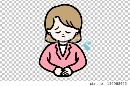 插圖描繪了女職員因客戶服務禮儀失誤而道歉的情景。可用於故障排除和手冊編寫。 136068436
