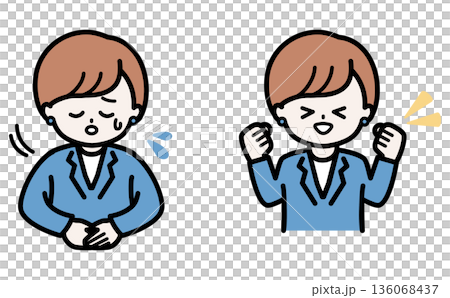 A set of two poses featuring female staff apologizing for a system error and celebrating the success of DX. Trustworthy business materials. 136068437