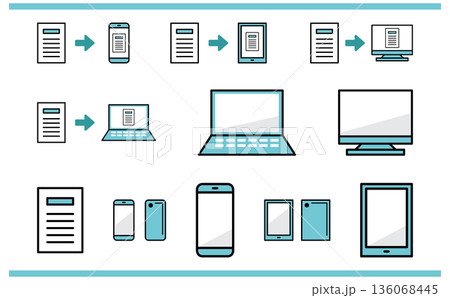 クラウド連携を中心に業務データを整理するデジタル端末と書類の図解アイコン 136068445