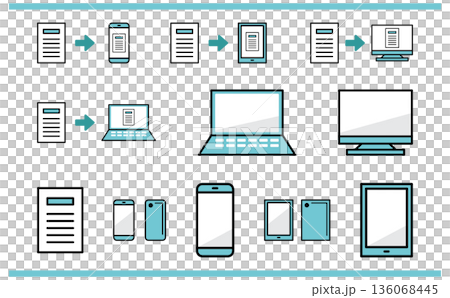 クラウド連携を中心に業務データを整理するデジタル端末と書類の図解アイコン 136068445