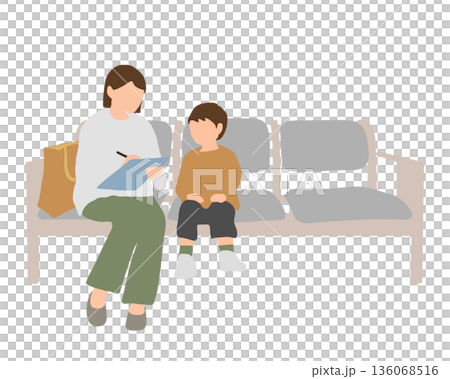 Illustration of a parent and child filling out paperwork in a waiting room Illustration of a parent and child filling out paperwork in a waiting room 136068516
