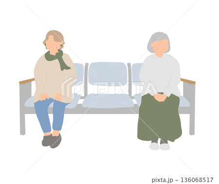 病院や公共施設の待合で静かに座って待つシニア女性2人のイラスト	 136068517
