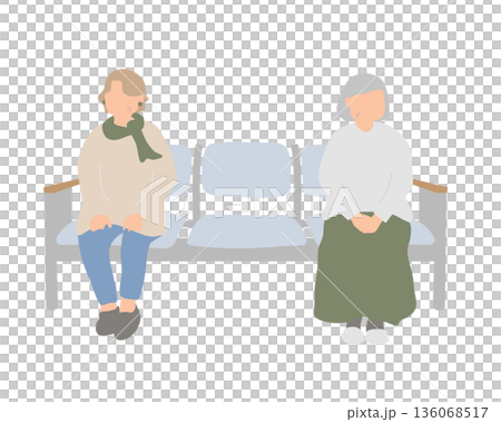 病院や公共施設の待合で静かに座って待つシニア女性2人のイラスト	 136068517