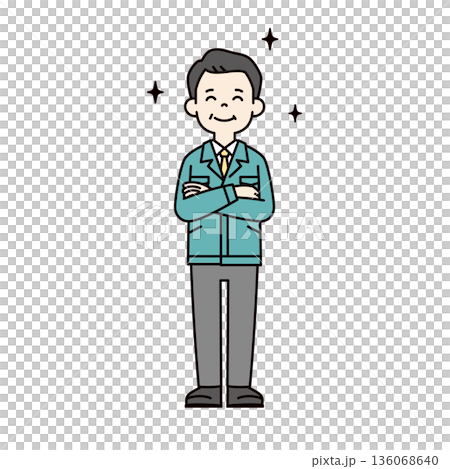 Full-body vector illustration of a small and medium-sized business president, manager, or factory manager with his arms crossed, expressing admiration and praise 136068640