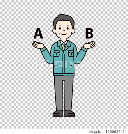 對比這兩幅圖，一幅是身著工作服的五六十歲商務男士的全身向量插圖。 136068641