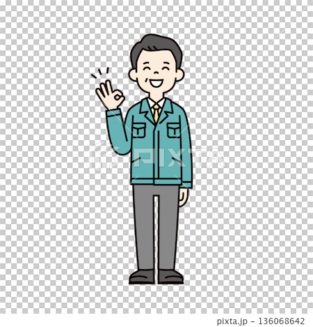 Full-body vector illustration of a small and medium-sized business president, manager, or factory manager making a smiling OK hand sign 136068642