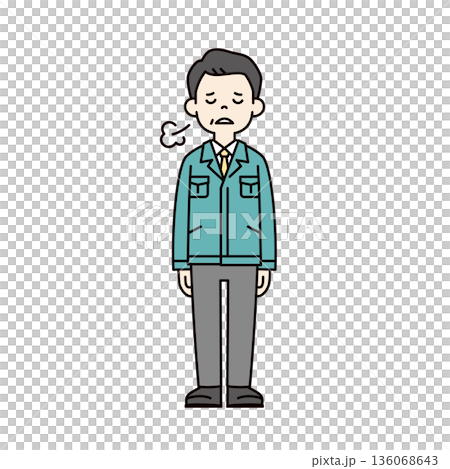 Full-body vector illustration of a middle-aged businessman/worker wearing work clothes sighing and looking down 136068643