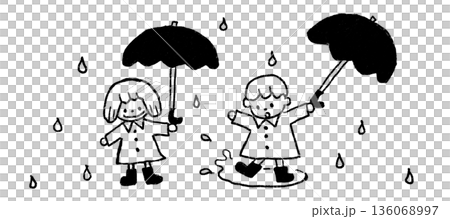 單色線條畫:雨天裡孩子撐著傘。適用於兒童通訊和公告。 單色線條畫:雨天裡孩子撐著傘。適用於兒童通訊和公告。 136068997