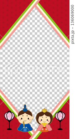 ひな祭り お雛様とぼんぼりの和風縦長ひし形フレーム/赤 136069000