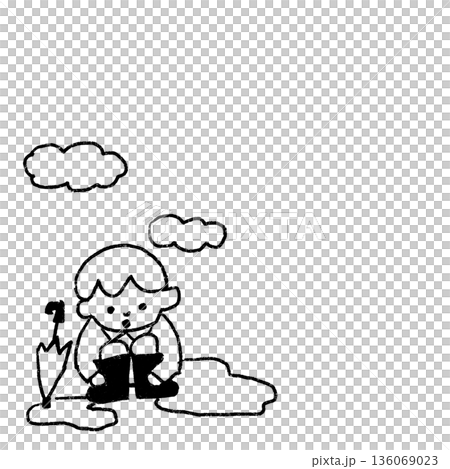Monochrome line drawing of a boy crouching after the rain. For children's letters and announcements. 136069023