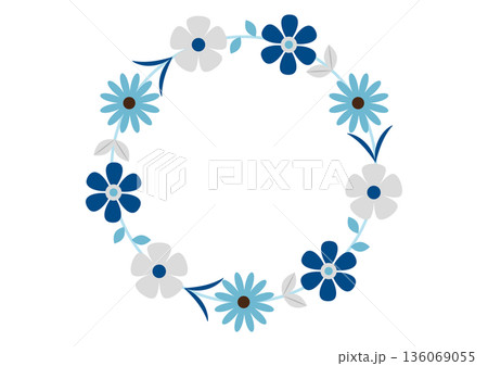 青い花のリース フラットイラスト（白背景） 136069055