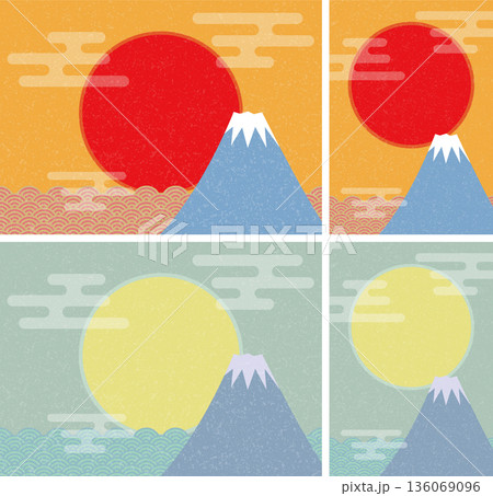 日本の富士山を背景に太陽が昇る風景。青海波の海のイラスト。縦横カラーバージョン 日本の富士山を背景に太陽が昇る風景。青海波の海のイラスト。縦横カラーバージョン 136069096