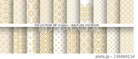 Geometric floral set of seamless patterns. White and golden vector backgrounds. Damask graphic ornaments 136069114