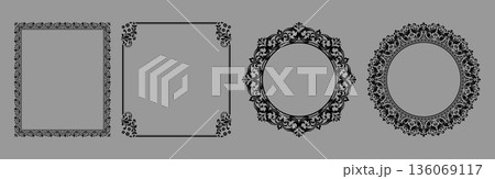 Set of decorative frames Elegant vector element for design in Eastern style, place for text. Floral black and gray frames. Lace illustration for invitations and greeting cards Set of decorative frames Elegant vector element for design in Eastern style, place for text. Floral black and gray frames. Lace illustration for invitations and greeting cards 136069117