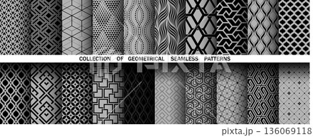 Geometric set of seamless black and gray patterns. Simple vector graphics Geometric set of seamless black and gray patterns. Simple vector graphics 136069118