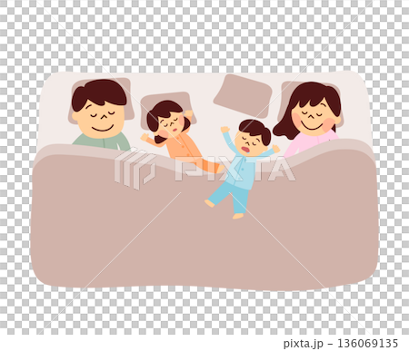 寝相の悪い子供と布団で眠るファミリー 136069135