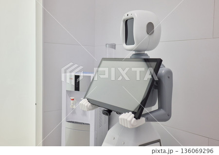 Quiet medical consultation robot, Remote healthcare robot with screen and camera setup, Hospital telepresence robot equipped for patient monitoring and interaction 136069296