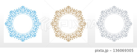 Set of decorative frames Elegant vector element for design in Eastern style, place for text. Floral colored frames. Lace illustration for invitations and greeting cards Set of decorative frames Elegant vector element for design in Eastern style, place for text. Floral colored frames. Lace illustration for invitations and greeting cards 136069305