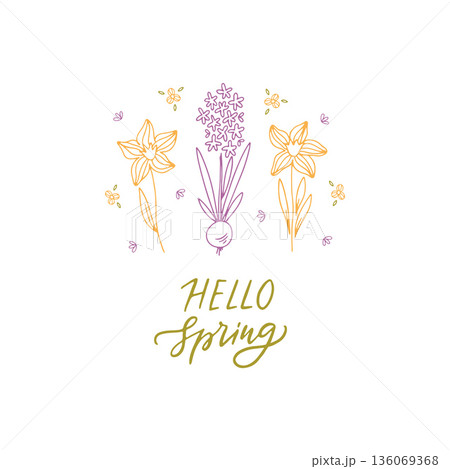 Hello spring lettering with whimsical hand drawn flowers Hello spring lettering with whimsical hand drawn flowers 136069368