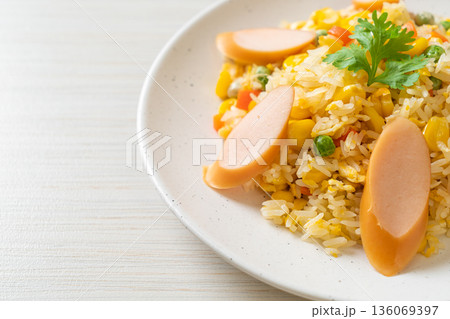 fried rice with sausage and mixed vegetable fried rice with sausage and mixed vegetable 136069397