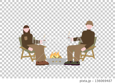 焚き火を楽しむ男女のイラスト 136069487