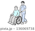 車椅子に乗った高齢男性と介助する男性スタッフのイラスト（介護・福祉イメージ） 136069738