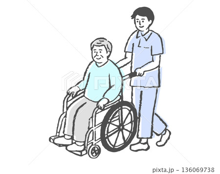 車椅子に乗った高齢男性と介助する男性スタッフのイラスト(介護・福祉イメージ) 車椅子に乗った高齢男性と介助する男性スタッフのイラスト(介護・福祉イメージ) 136069738