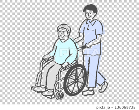 車椅子に乗った高齢男性と介助する男性スタッフのイラスト(介護・福祉イメージ) 車椅子に乗った高齢男性と介助する男性スタッフのイラスト(介護・福祉イメージ) 136069738
