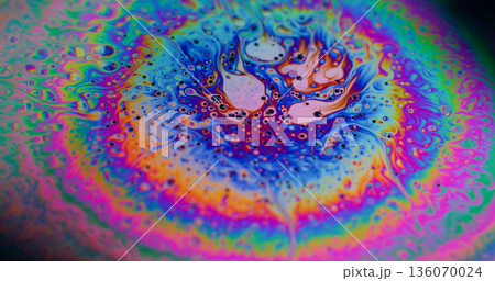 Rainbow oil blur. Gradient paint drop. Neon color round sphere wave explosion. Purple blue green abstract pigment art mix background. 136070024