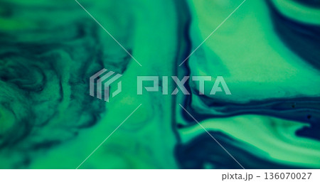 Acrylic blend blur. Pigment spread. Green gray dye blob dissolving color on abstract background. Turquoise liquid ink wave texture. 136070027