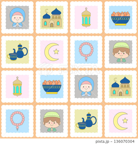 Cute Seamless Ramadan Pattern with Muslim Kids Mosque Lantern and Iftar Elements Background 136070304