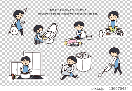Illustration set of a househusband doing housework 136070424